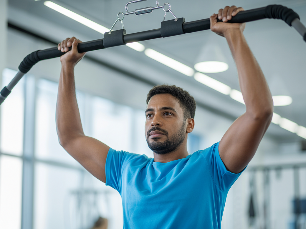Exercício de remada alta na polia, um dos exercícios de ombro para recuperação pós-covid.