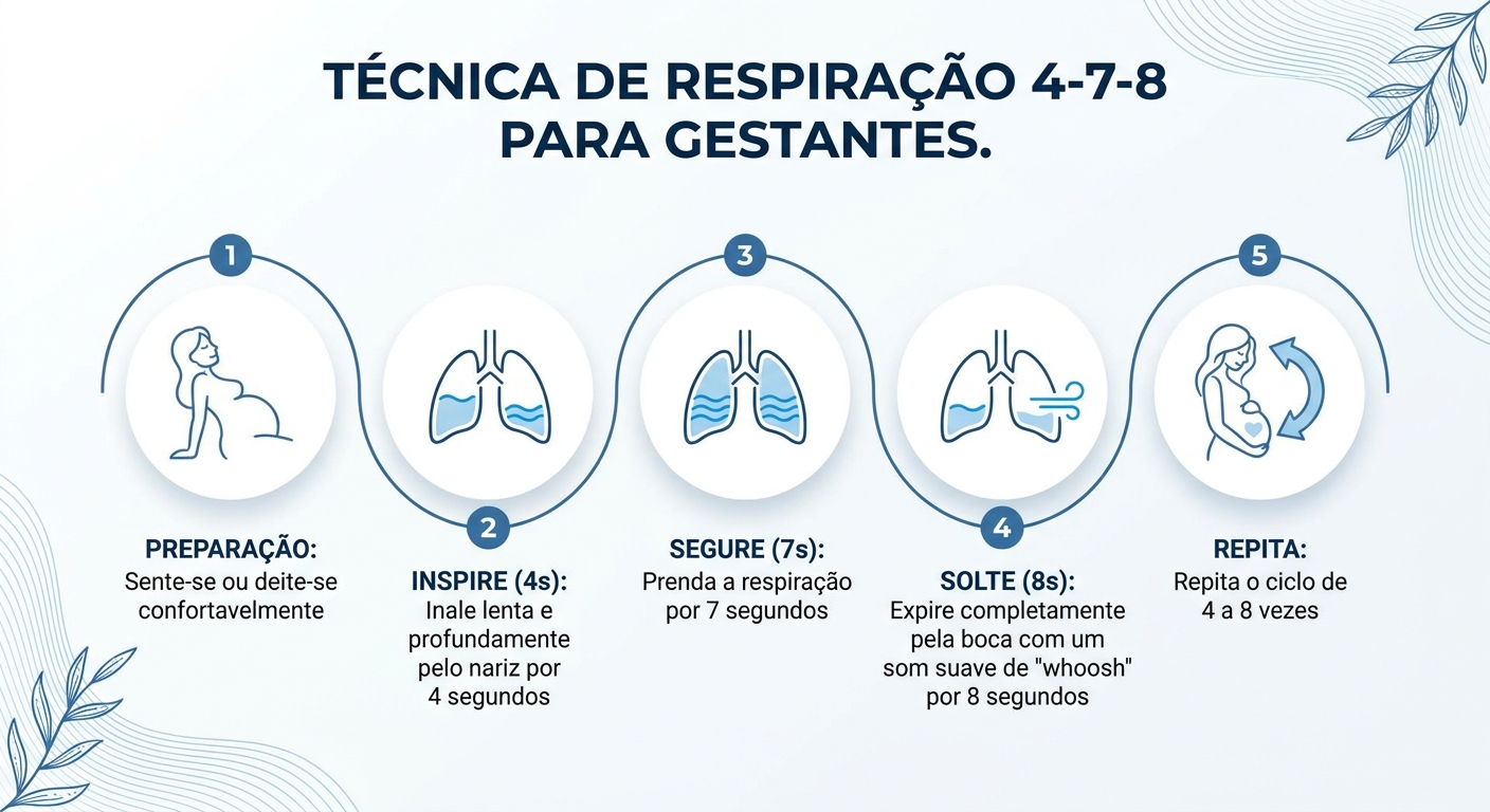 Infográfico técnica de respiração 4-7-8 para gestantes - exercícios de respiração para o parto