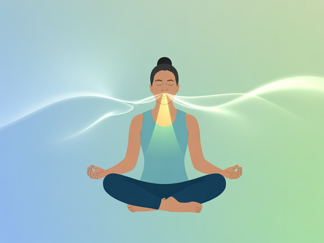 Mulher praticando respiração para ansiedade em um ambiente tranquilo, simbolizando o bem-estar integral e a calma interior.