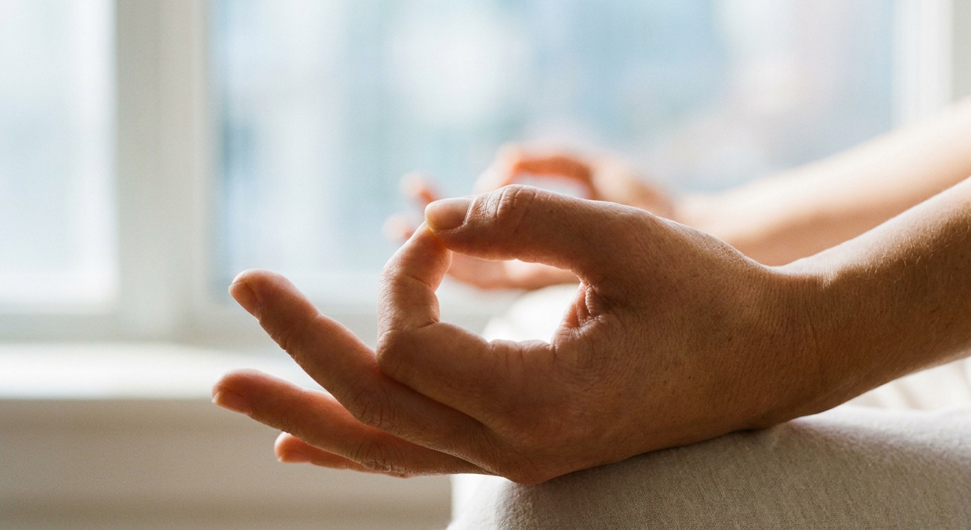 Mãos em posição de meditação representando respiração para ansiedade e medo no yoga