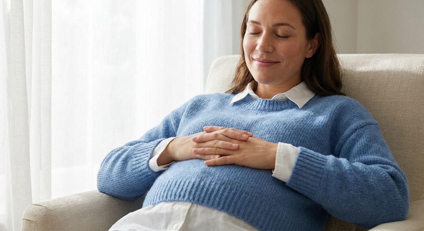 Respiração para o parto: gestante praticando respiração diafragmática consciente
