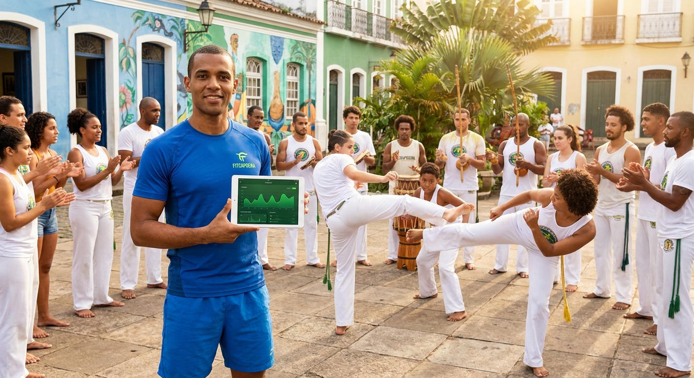 Roda de capoeira com personal trainer usando tablet e app Millbody