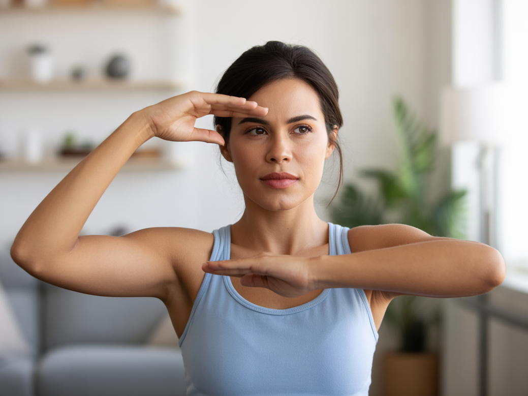 Mulher fazendo rotação de ombros em casa como parte do treino de ombro