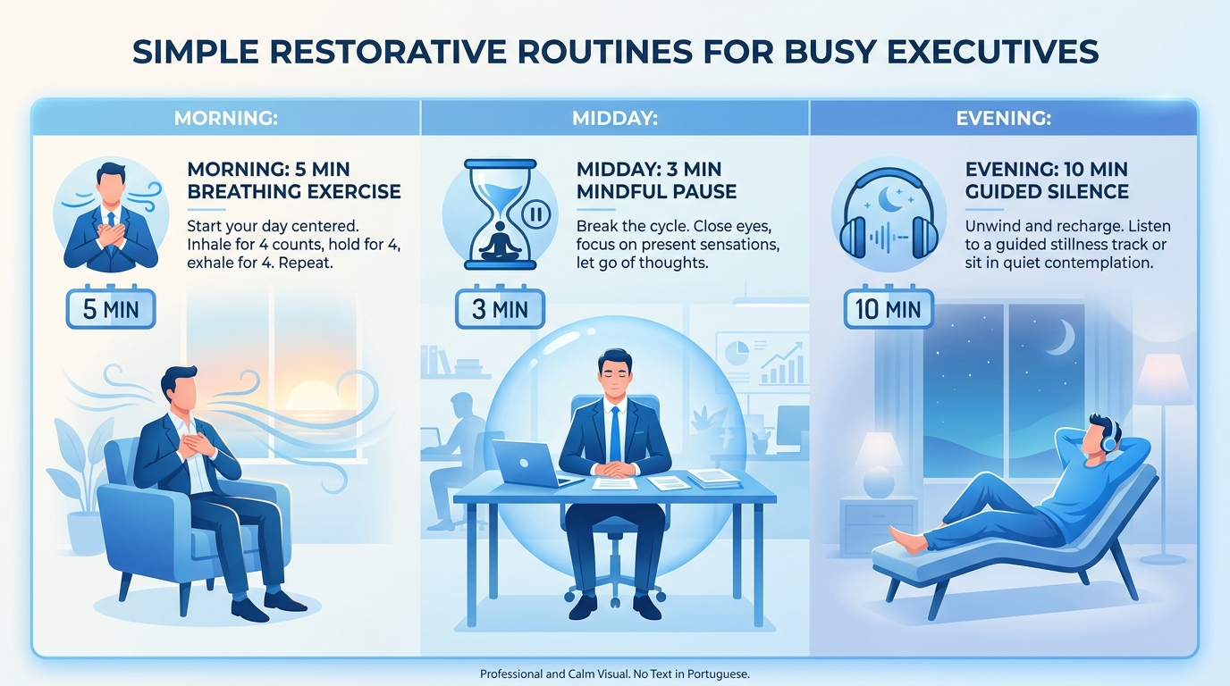 Infográfico com três rotinas restaurativas: respiração matinal de 5 minutos, pausa consciente de 3 minutos ao meio-dia e trilha de silêncio guiado de 10 minutos à noite