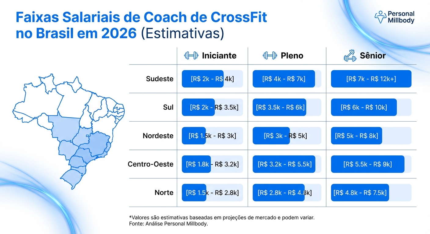 Infográfico comparativo de salário coach CrossFit por região do Brasil em 2026