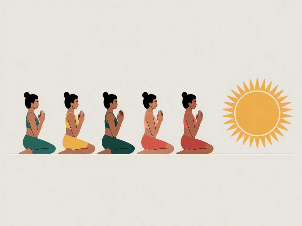 Ilustração da sequência de Saudação ao Sol, ideal para quem vai praticar yoga pela primeira vez.