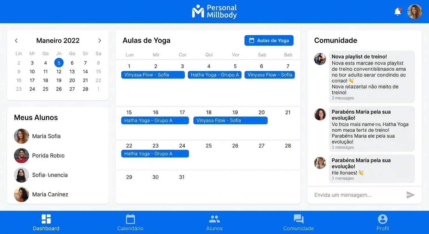 Interface do app Personal Millbody mostrando área de comunidade e agendamento de aulas