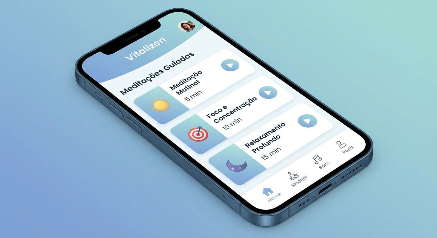 Screenshot da interface do app Vitalizen, mostrando uma sessão de yoga para iniciantes com design moderno e intuitivo.