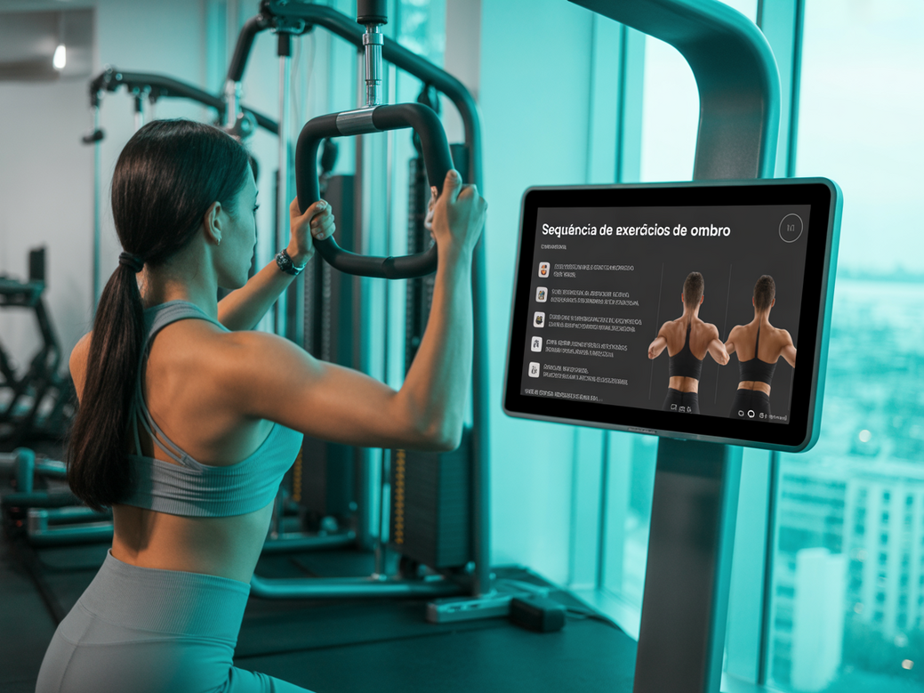 Ilustração de uma instrutora de yoga realizando uma sequência de exercícios de ombro com máquina, incluindo desenvolvimento e elevação lateral.