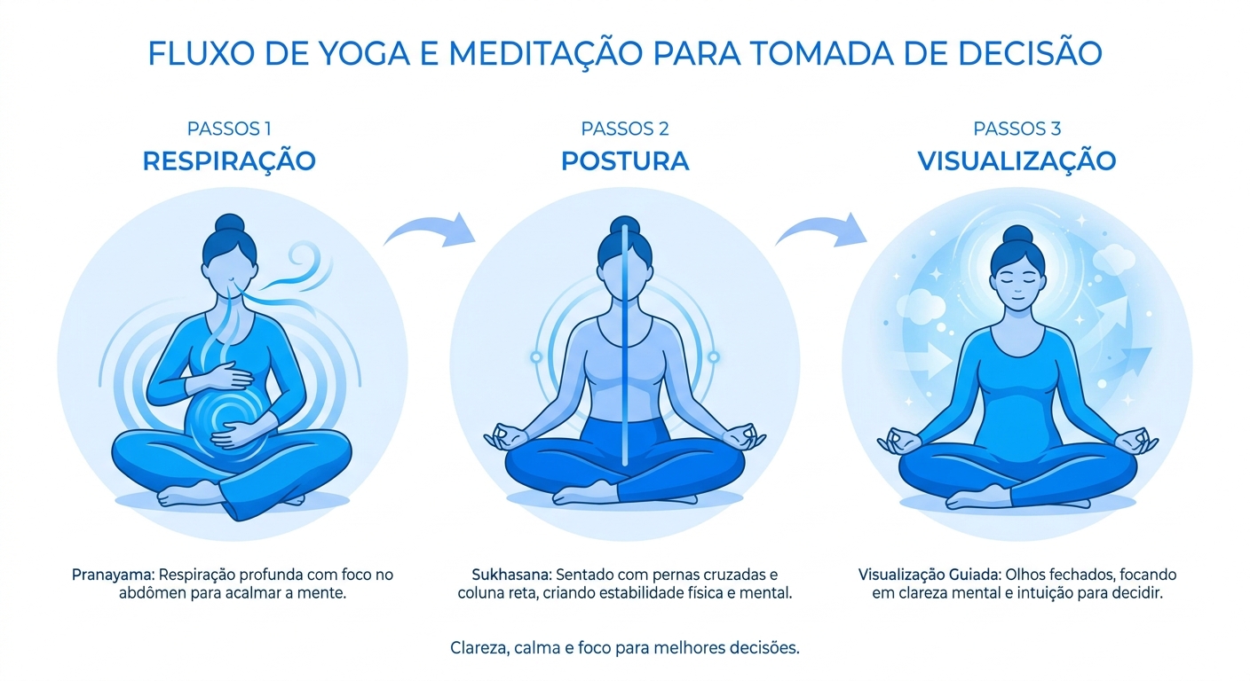 Sequência prática de yoga para tomada de decisão: respiração, postura e visualização guiada em três passos