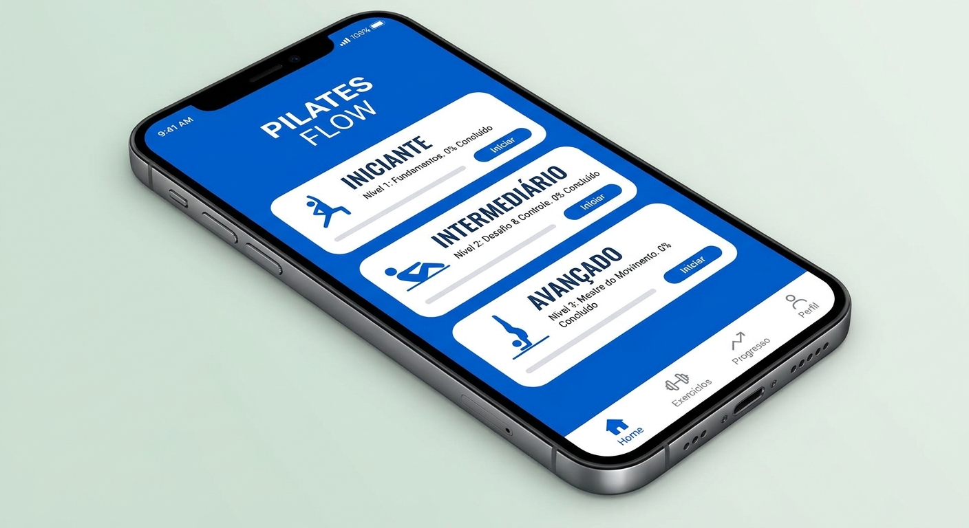 Sequências guiadas de pilates com níveis - App Millbody Interface do app Millbody mostrando níveis de dificuldade das sequências de pilates