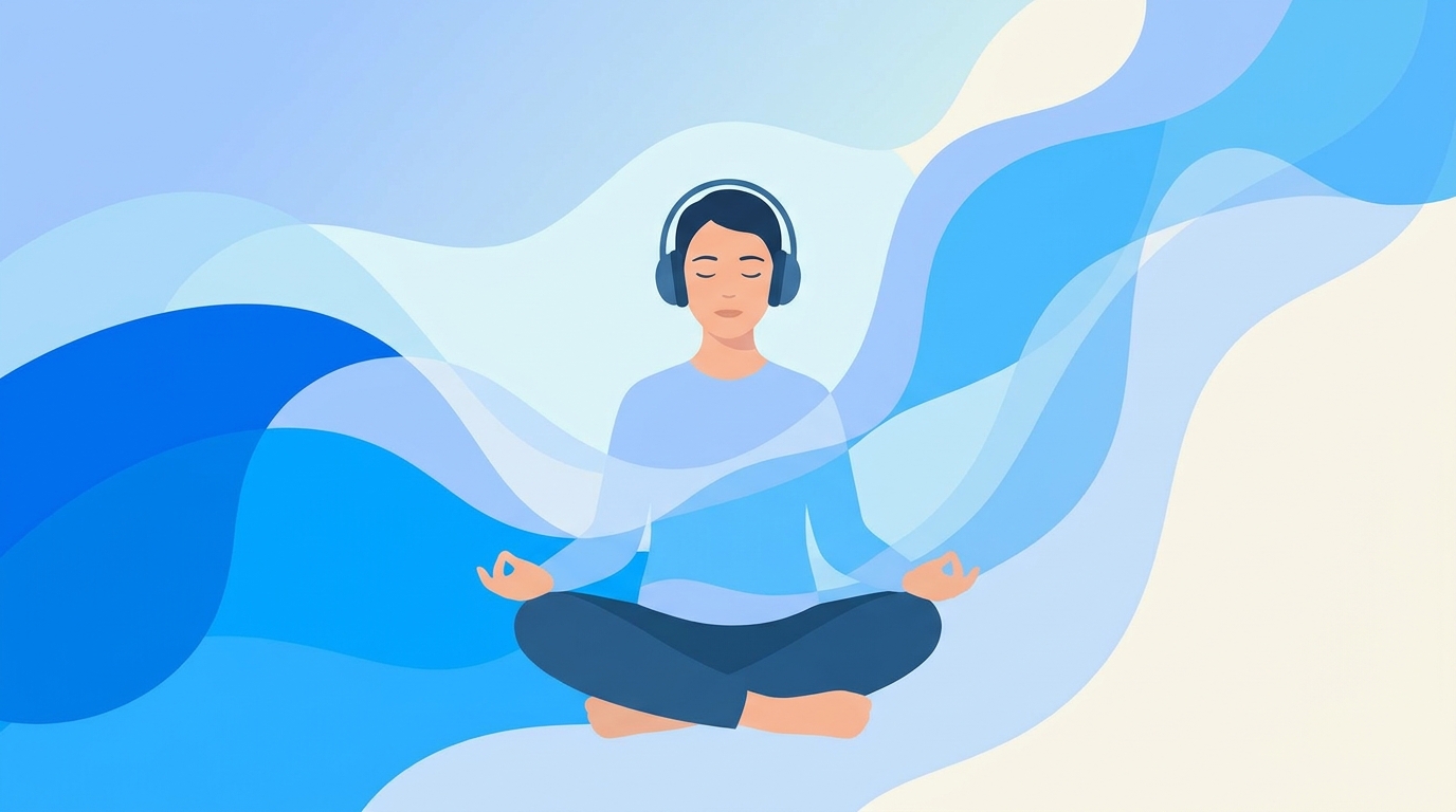 Ilustração de uma pessoa com fones de ouvido em estado profundo de relaxamento com ondas sonoras suaves em tons de azul, representando trilhas de silêncio guiado
