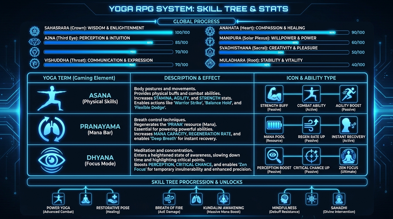 Infográfico Skill Tree do Yoga - Tabela visual relacionando termos de yoga Asana, Pranayama, Dhyana e Chakras a elementos de RPG e videogame