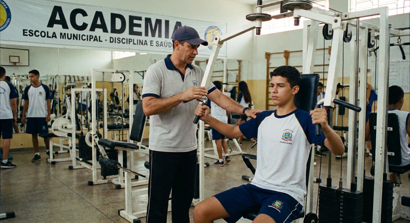 Professor de educação física orientando aluno adolescente no supino articulado na máquina em ambiente escolar