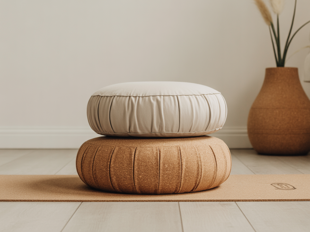 A collection of sustainable yoga gear, including an eco-friendly mat and meditation cushion, representing the Vitalizen collection.
