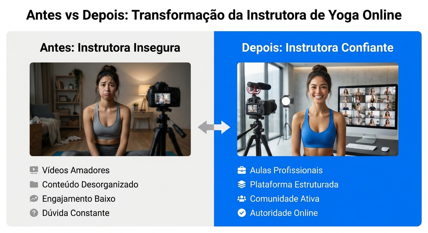 Tabela comparativa Antes vs Depois mostrando evolução de instrutora insegura para confiante ao dominar termos de yoga online
