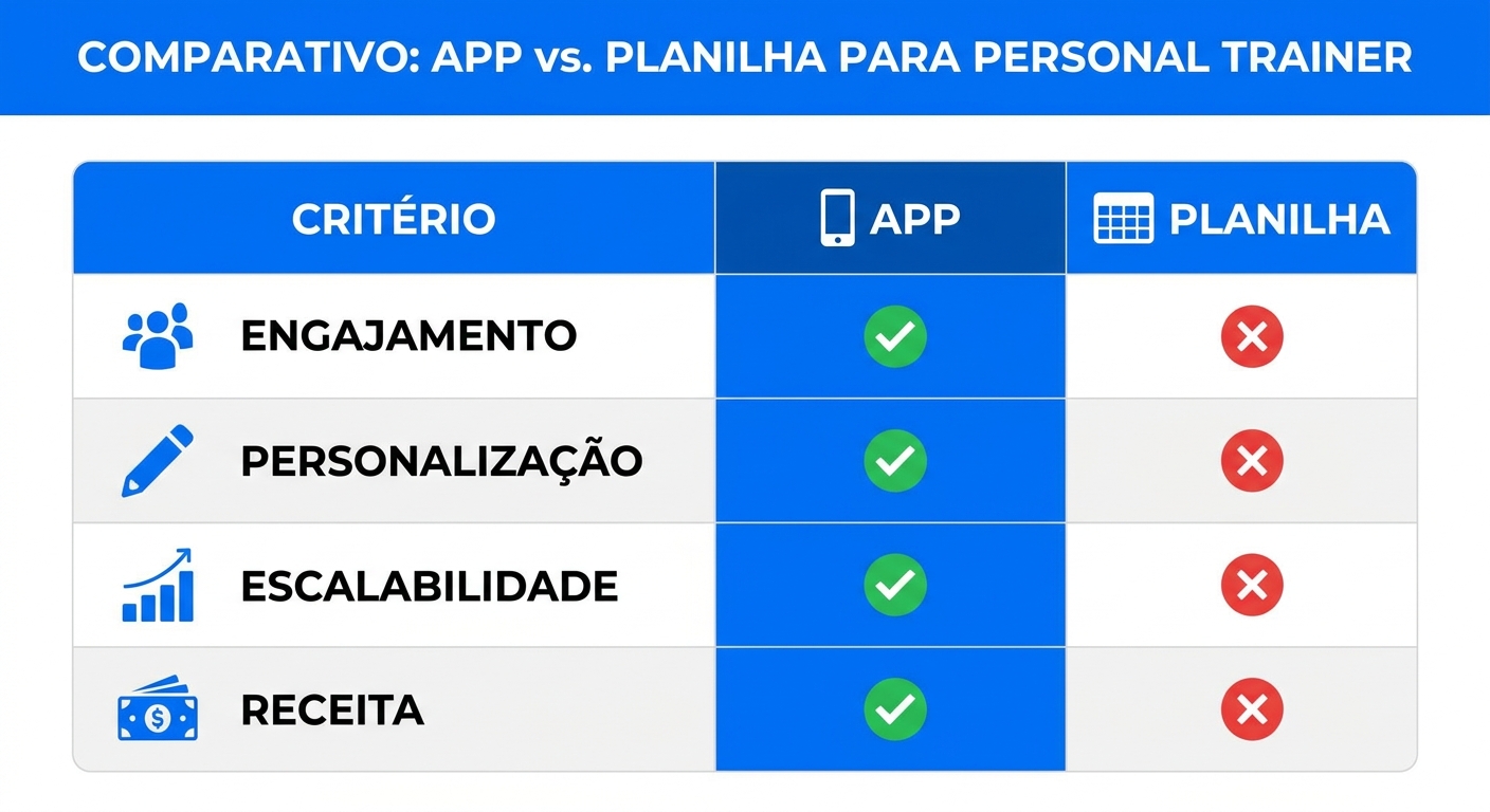 Tabela comparativa app vs planilha para personal trainer de crianças autistas