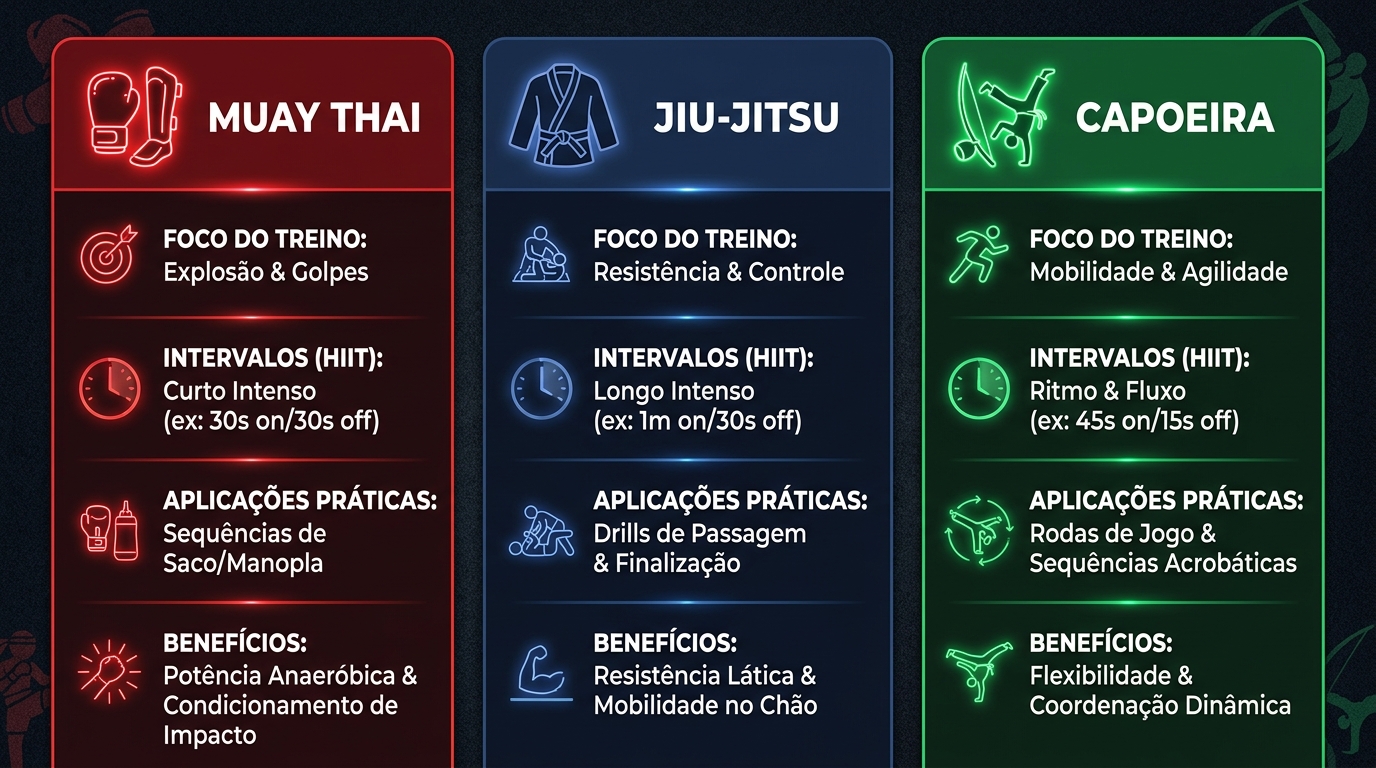 Tabela comparativa HIIT para Muay Thai, Jiu-Jitsu e Capoeira