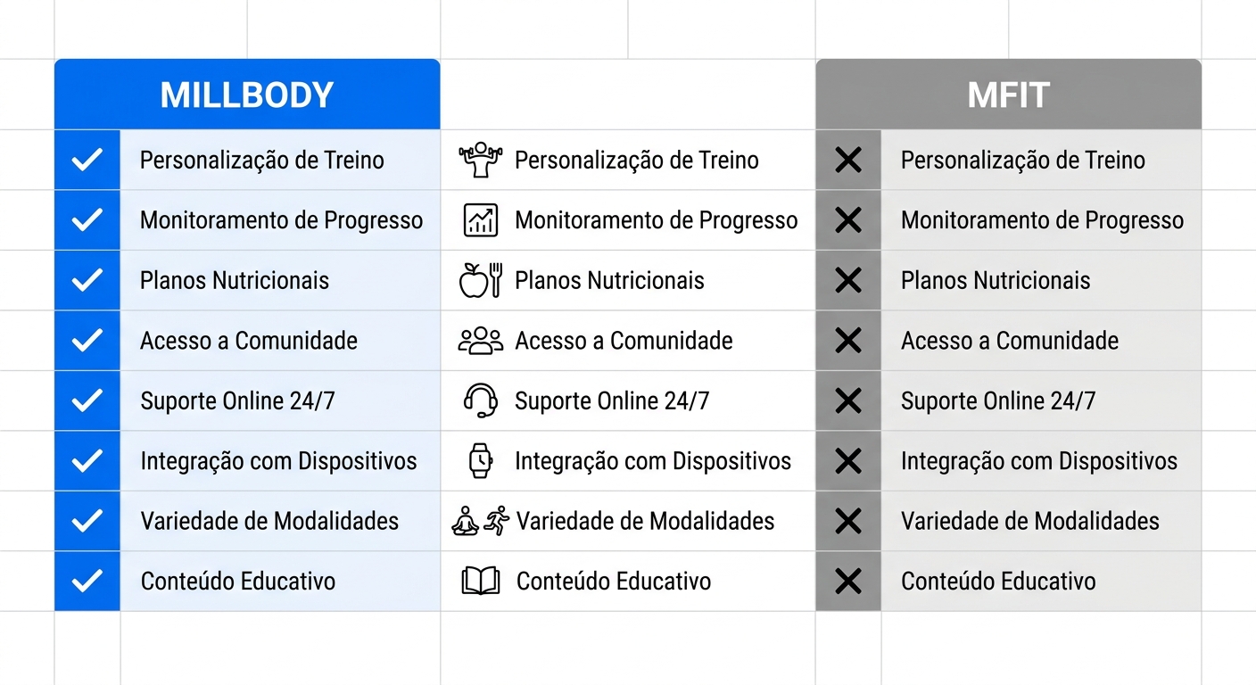 Tabela comparativa Millbody vs MFit para personal trainer de Muay Thai