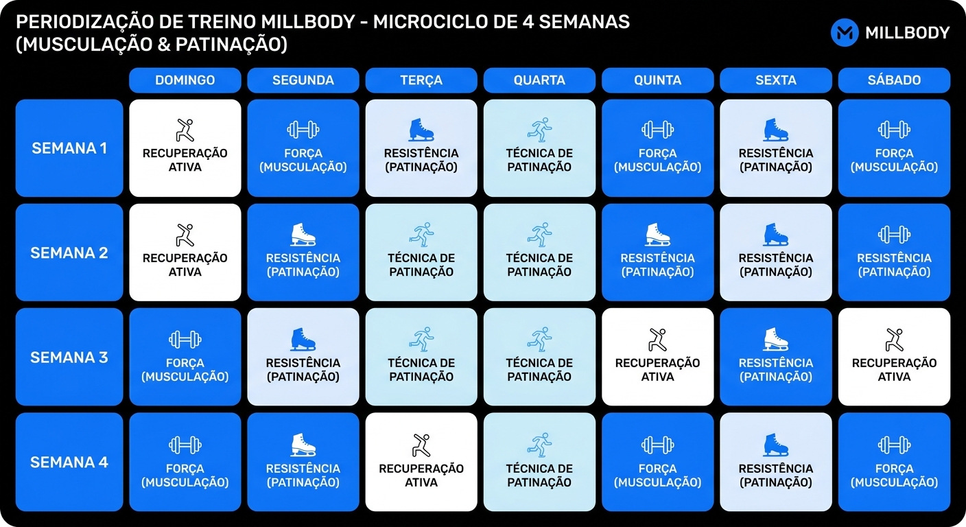 Tabela de periodização de treinos combinando musculação e patinação em microciclo de 4 semanas, com dias de força, resistência, técnica e recuperação ativa