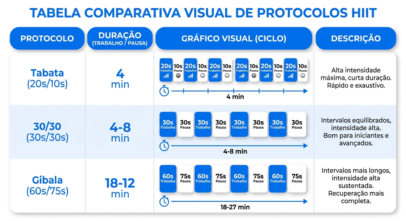 Tabela comparativa de protocolos HIIT: Tabata, 30/30 e Gibala com relações trabalho-pausa e objetivos