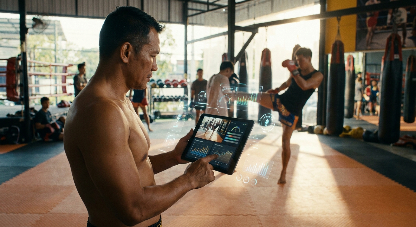 Tecnologia para artes marciais - Personal Millbody Instrutor de muay thai utilizando tablet para registrar evolução de aluno em tatame com tecnologia