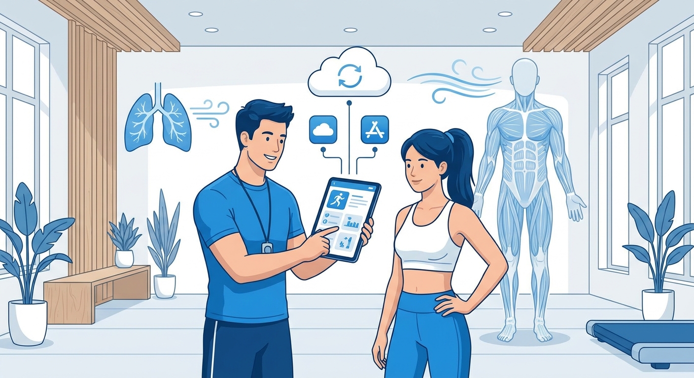 Personal trainer utilizando tecnologia tablet com cliente em treino HIIT pós-Covid fortalecimento gradual