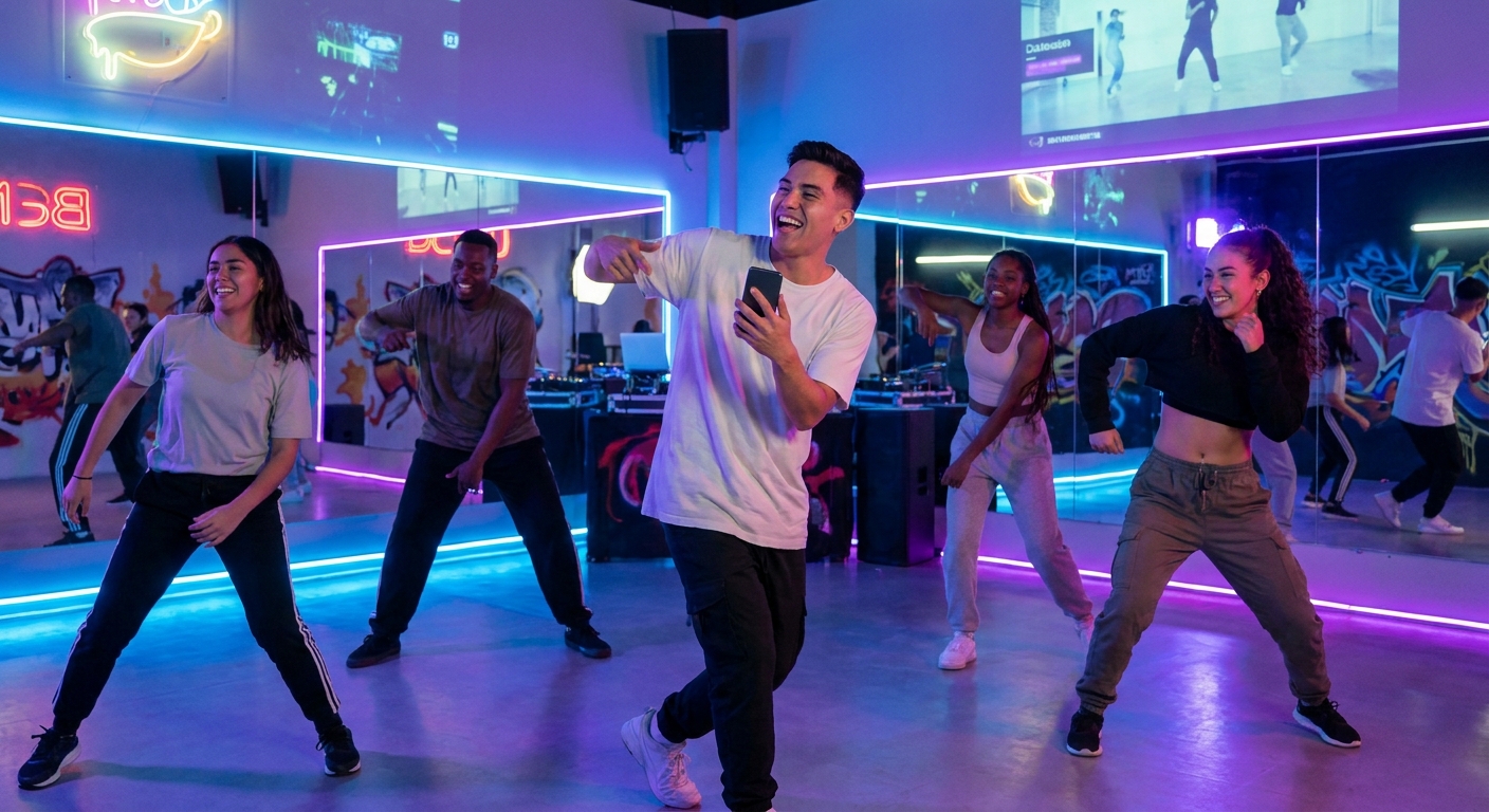 Professor de dança urbana ensinando jovens em estúdio com luzes coloridas usando tecnologia nas aulas