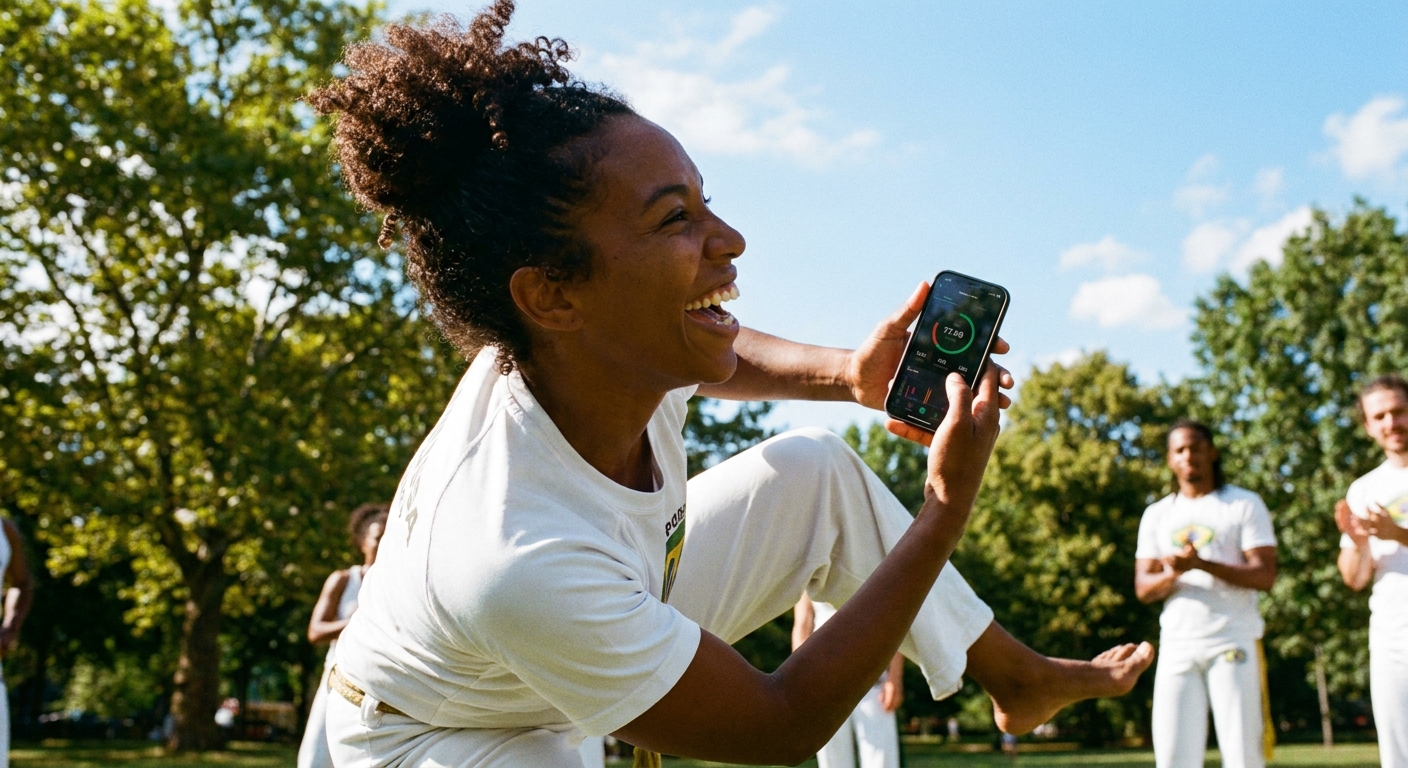 Tecnologia na capoeira - Personal Millbody Tecnologia na capoeira: capoeirista usando smartphone durante treino ao ar livre, unindo movimento e inovação digital