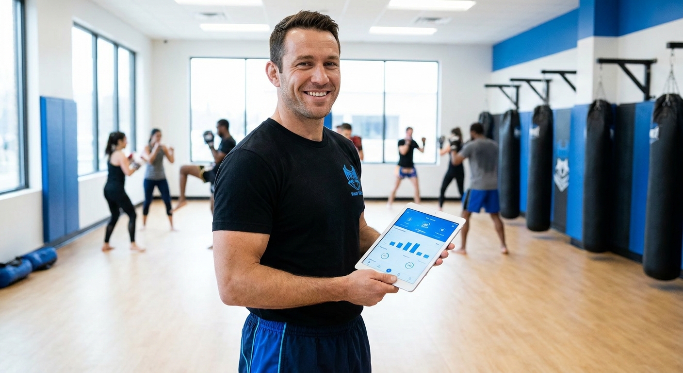 Tecnologia para artes marciais 2026 - instrutor usando aplicativo personal trainer