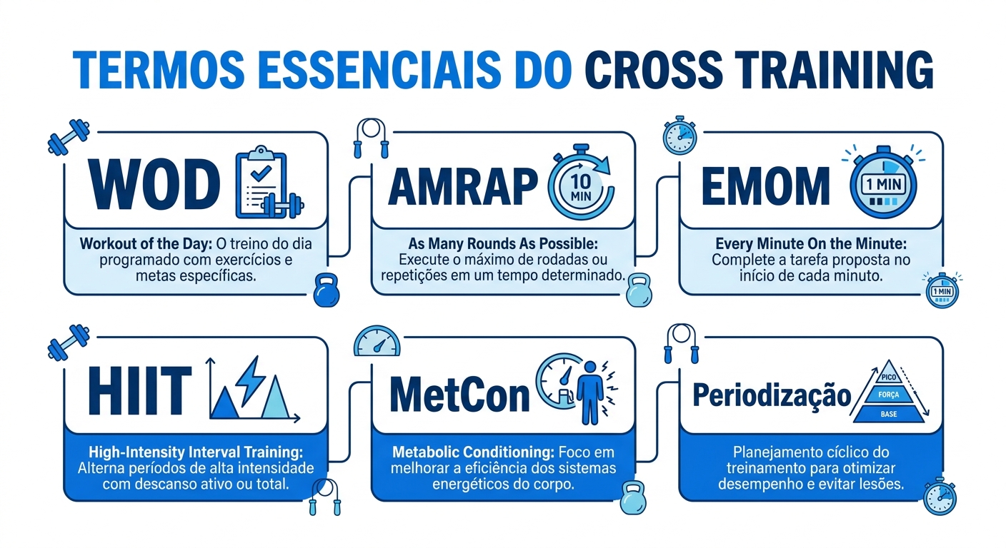 Infográfico com termos de Cross Training: WOD, AMRAP, EMOM, HIIT, MetCon e Periodização