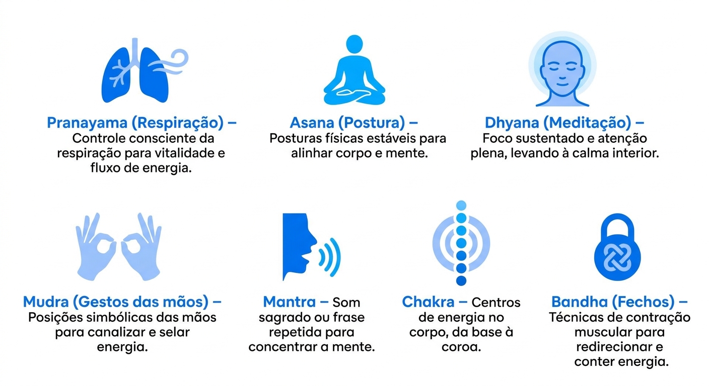 Glossário visual com os principais termos da meditação: Pranayama, Asana, Dhyana, Mudra, Mantra, Chakra e Bandha