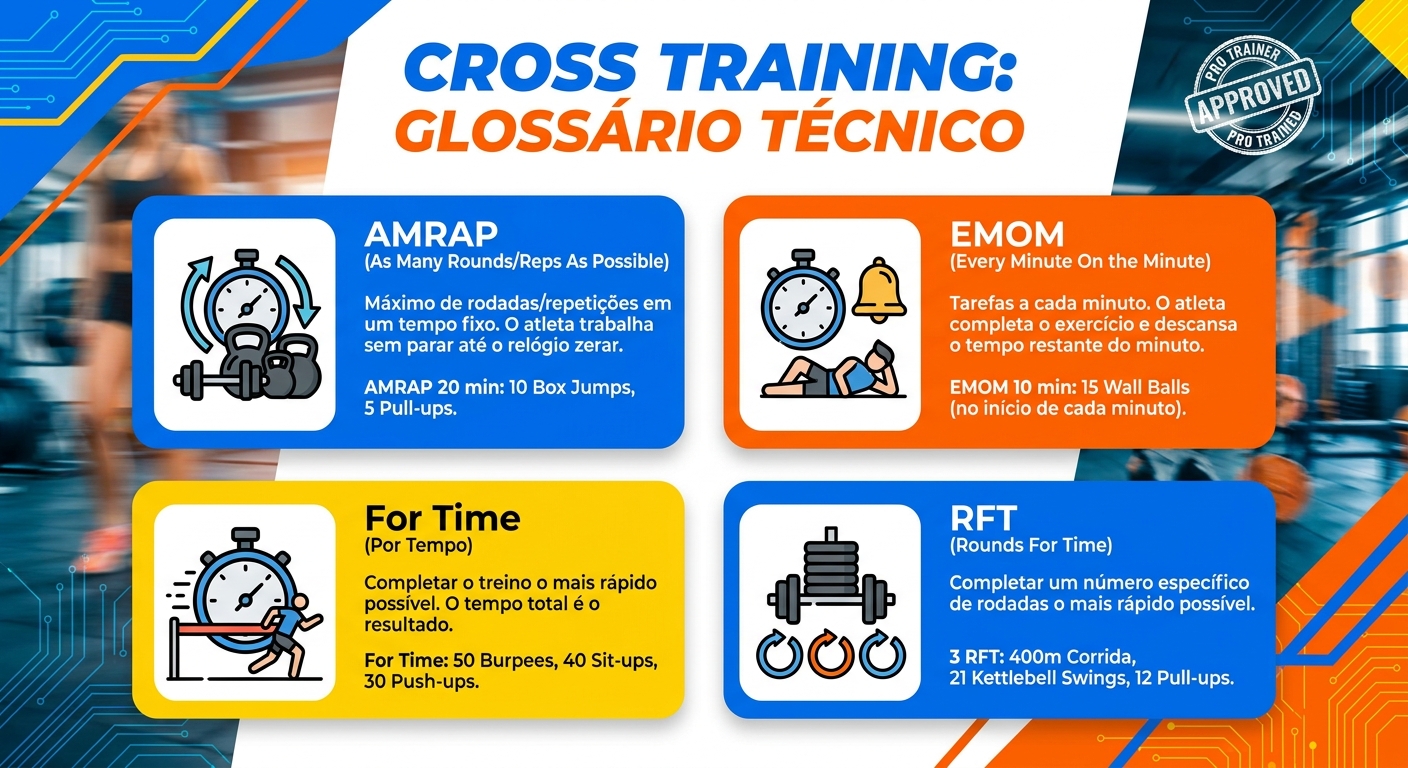 Infográfico com termos técnicos de Cross Training: AMRAP, EMOM, For Time e RFT – Personal Millbody