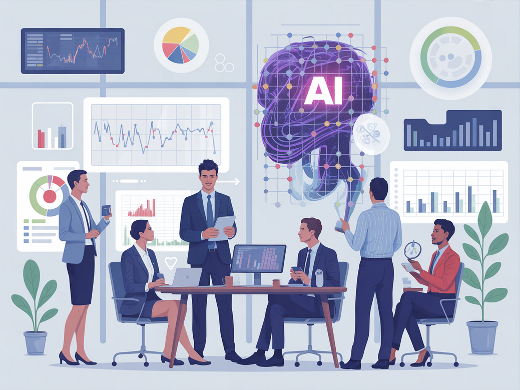 Um time de vendas de alta performance colaborando em um escritório moderno, com gráficos de IA e dados projetados em telas, ilustrando o crescimento em 2026.