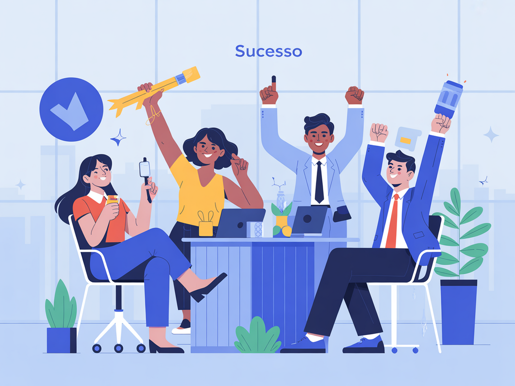 Ilustração de um time de vendas de sucesso celebrando resultados e metas atingidas em 2026.