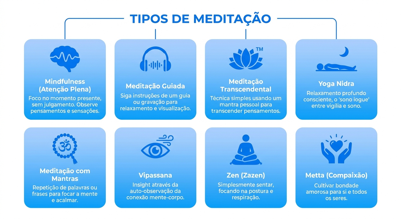 Infográfico com os 8 principais tipos de meditação: Mindfulness, Meditação Guiada, Transcendental, Yoga Nidra, Mantras, Vipassana, Zen e Metta