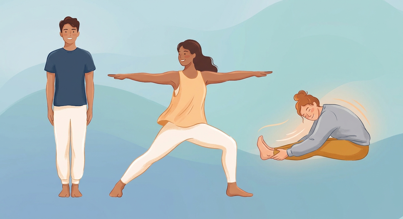 Pessoas praticando diferentes tipos de yoga: Hatha, Vinyasa e Yin Yoga em um ambiente calmo com fundo azul suave