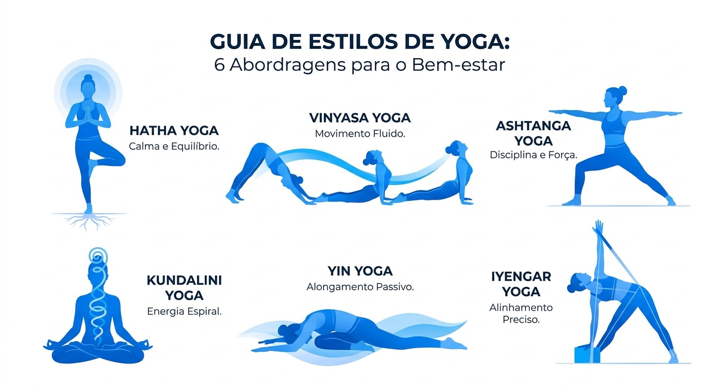 Ilustração com diferentes tipos de yoga: Hatha, Vinyasa, Ashtanga, Kundalini, Yin e Iyengar.