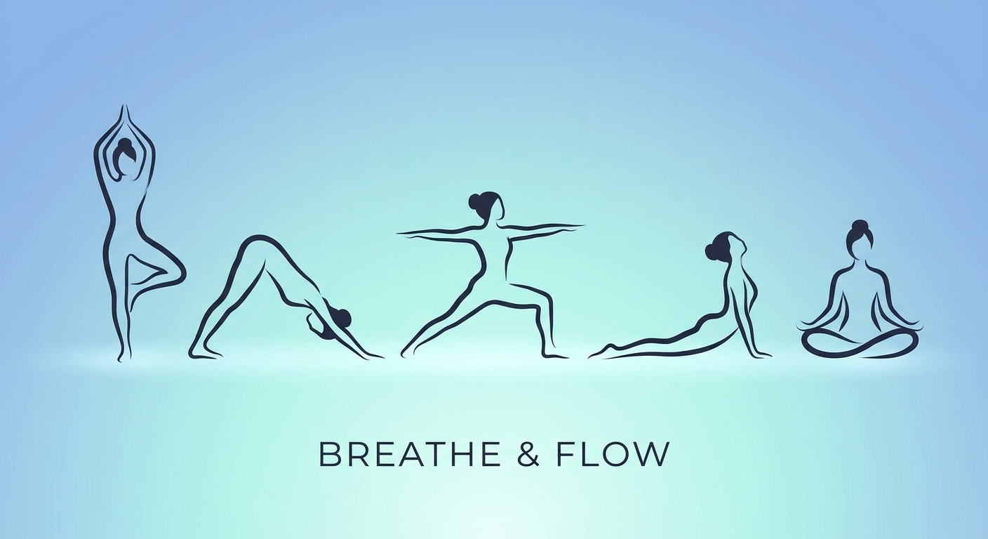 Guia com os principais tipos de yoga para iniciantes: Hatha, Vinyasa, Kundalini, Ashtanga e Yoga Restaurativo em ilustração moderna com gradiente azul