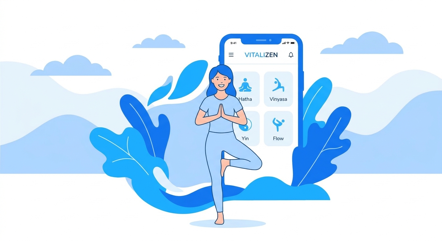 Mulher jovem na postura da árvore com celular exibindo o app Vitalizen com diferentes estilos de yoga