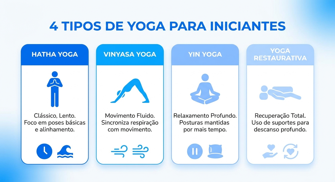 Infográfico dos 4 tipos de yoga para iniciantes: Hatha, Vinyasa, Yin e Restaurativa