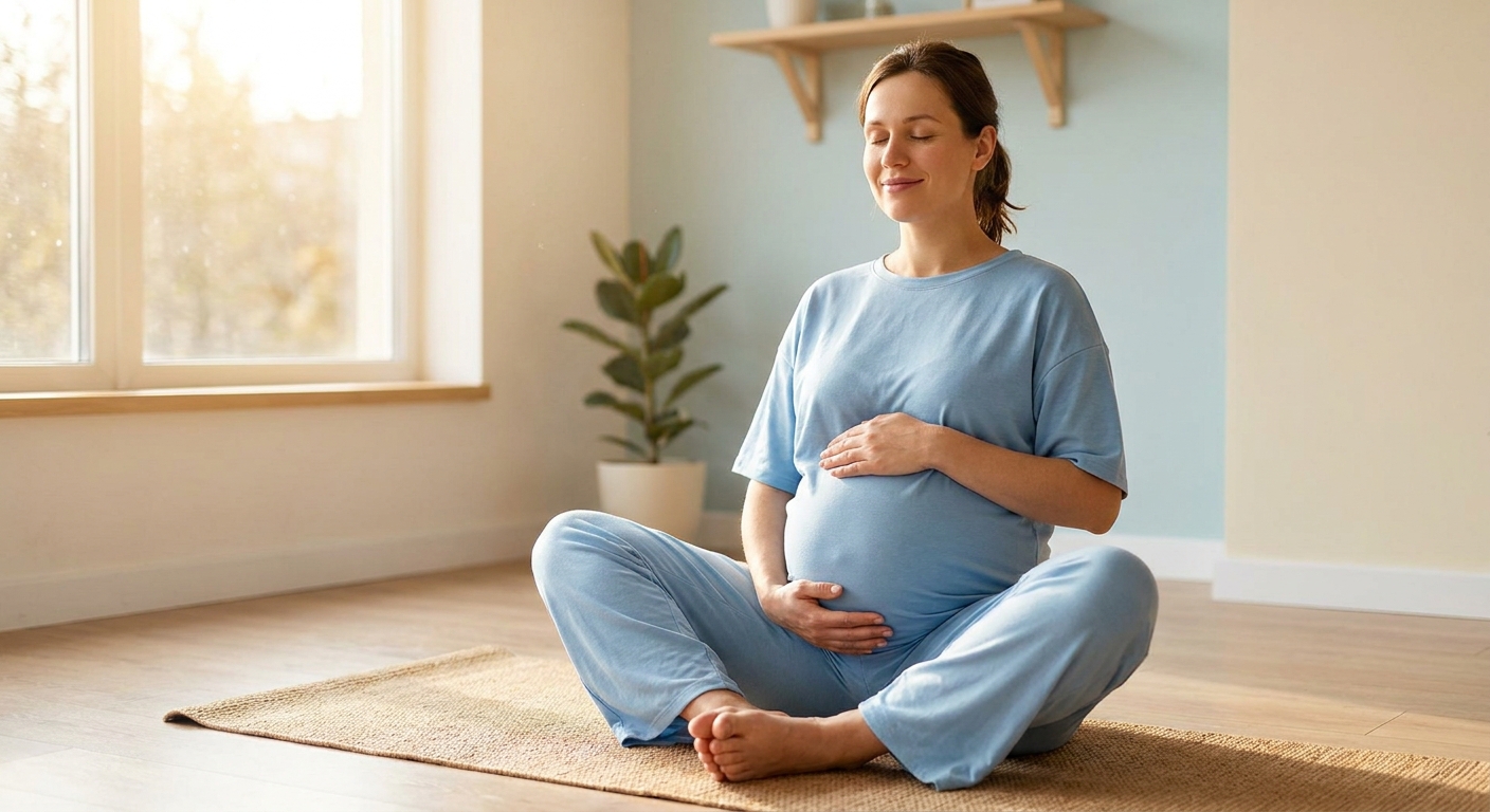 Gestante serena praticando yoga na posição borboleta - tipos de yoga para gestantes