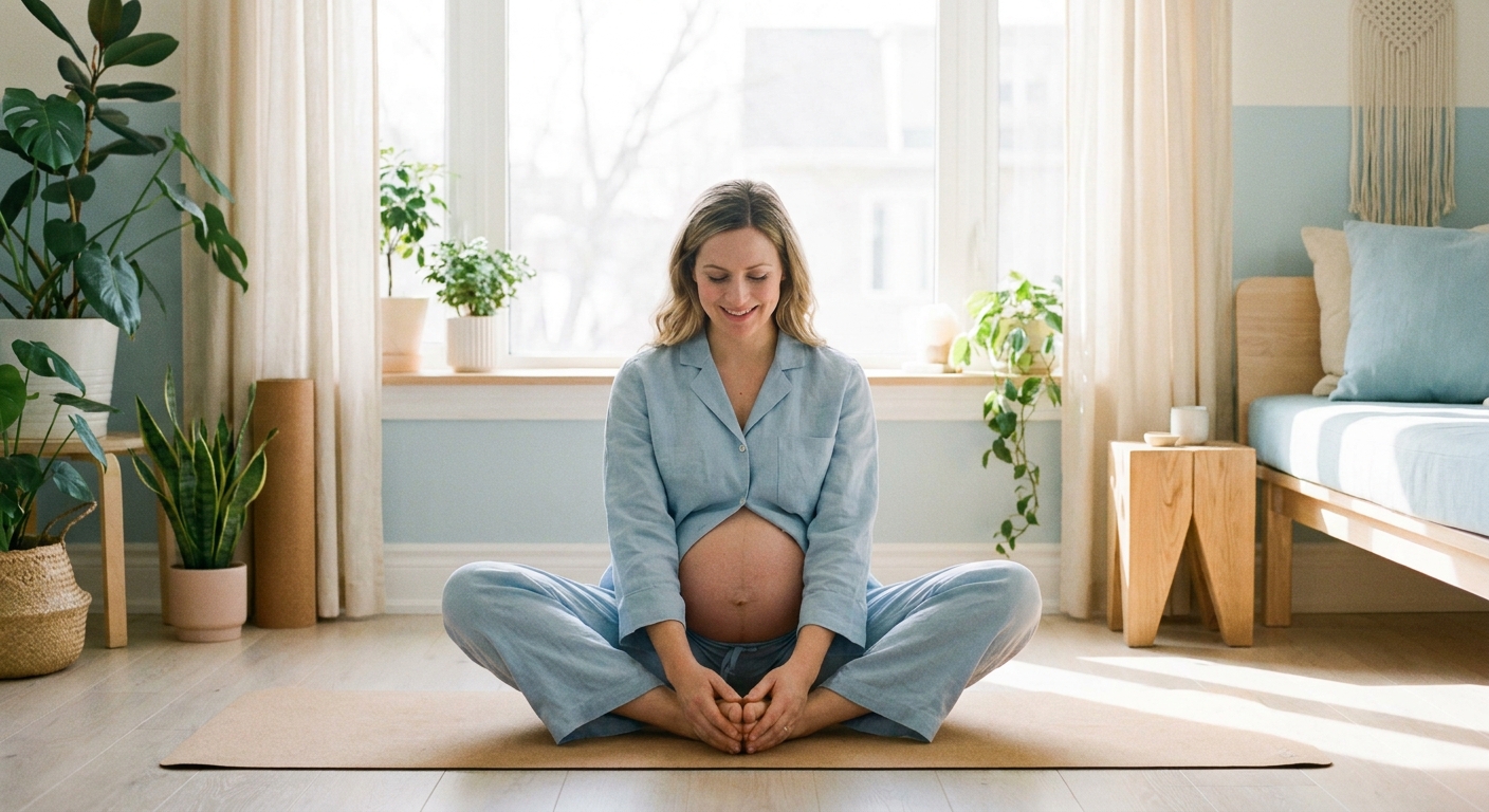 Gestante sorrindo praticando yoga gestacional em posição de borboleta, luz natural suave