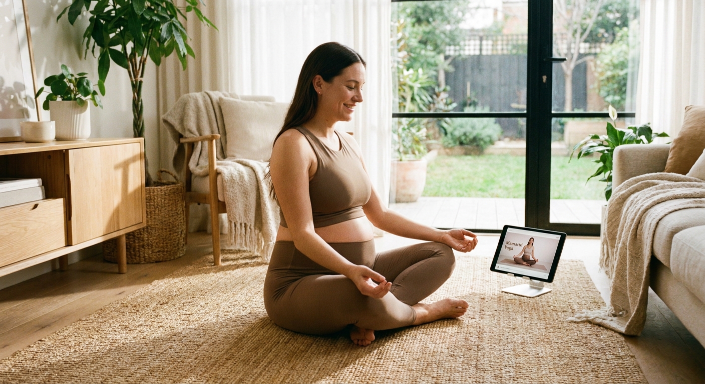 Mulher grávida praticando yoga prenatal em ambiente tranquilo e seguro