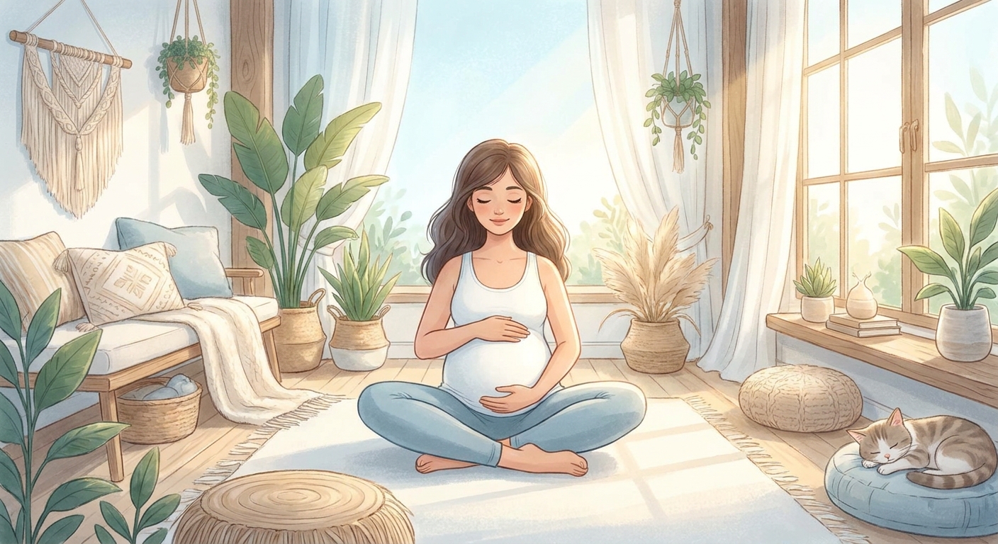 Mulher grávida praticando yoga para gestantes em ambiente tranquilo e seguro