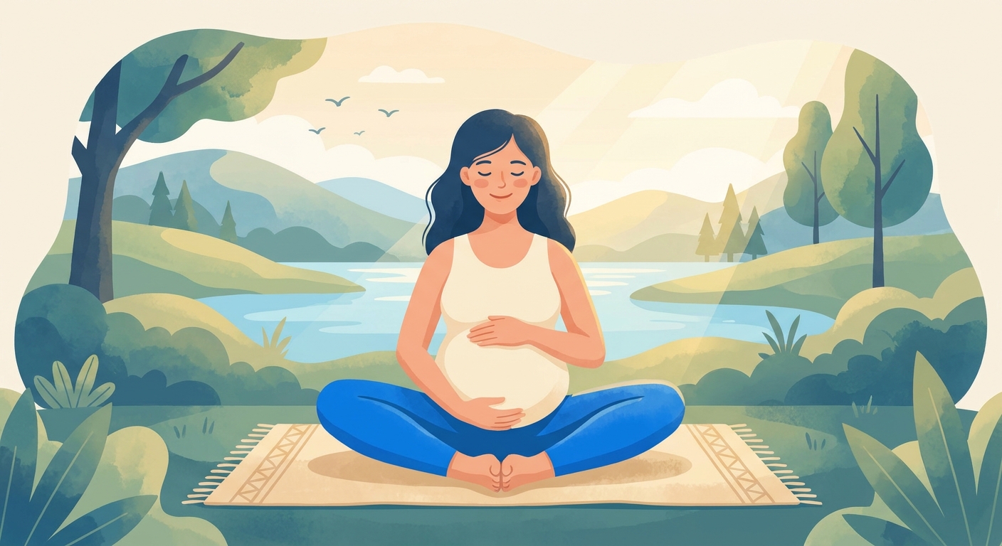 Gestante feliz praticando yoga em casa com o Vitalizen App