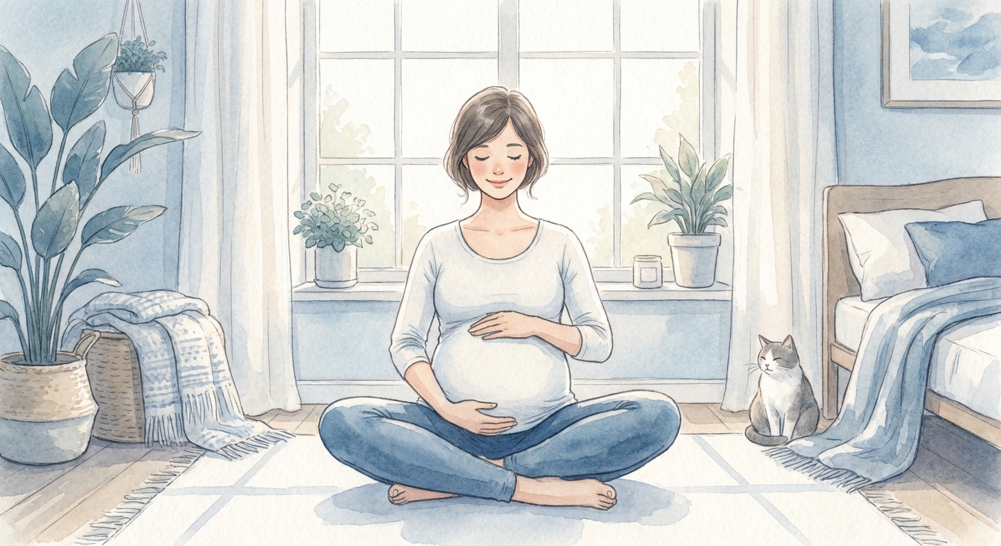 Gestante praticando yoga em ambiente calmo e sereno, conectando-se com o bebê