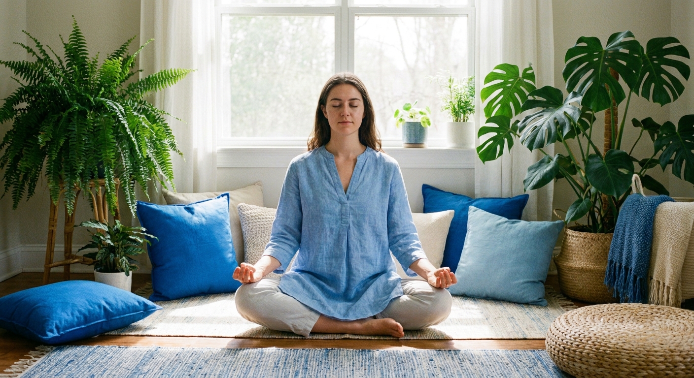 Mulher jovem meditando em posição de lótus em casa com luz natural e ambiente aconchegante — tipos de yoga para iniciantes