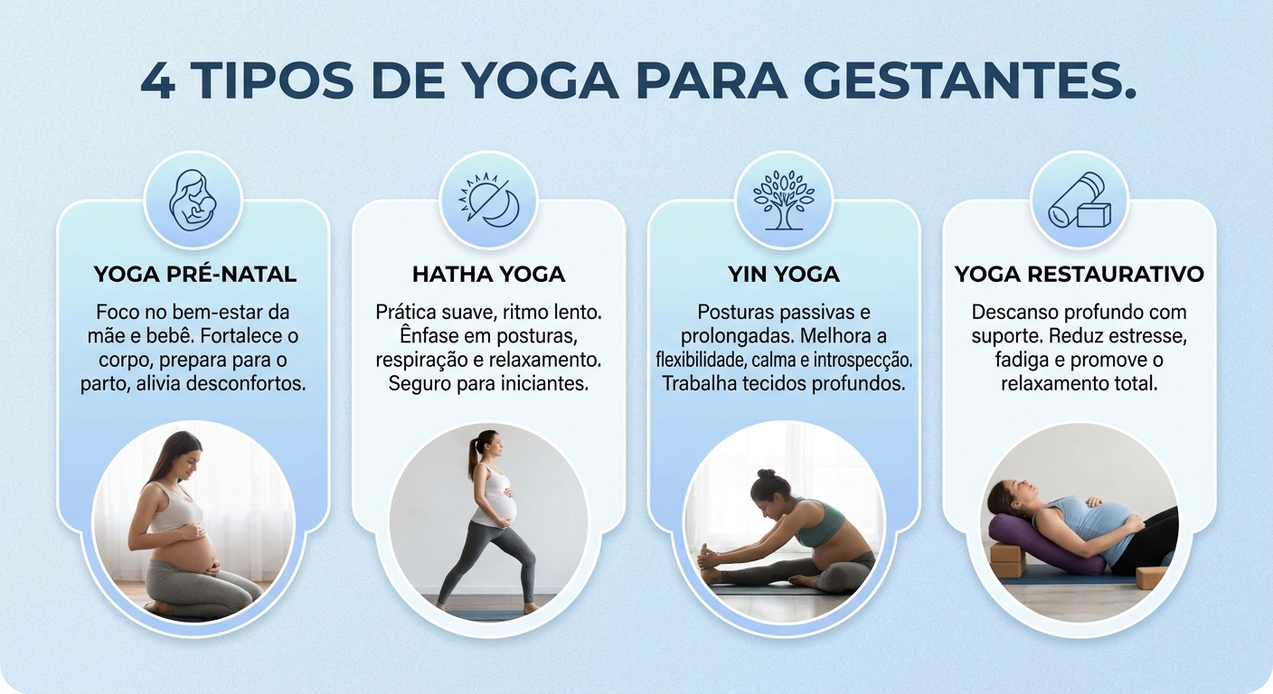 Infográfico com os 4 melhores tipos de yoga para gestantes: Pré-Natal, Hatha, Yin e Restaurativo