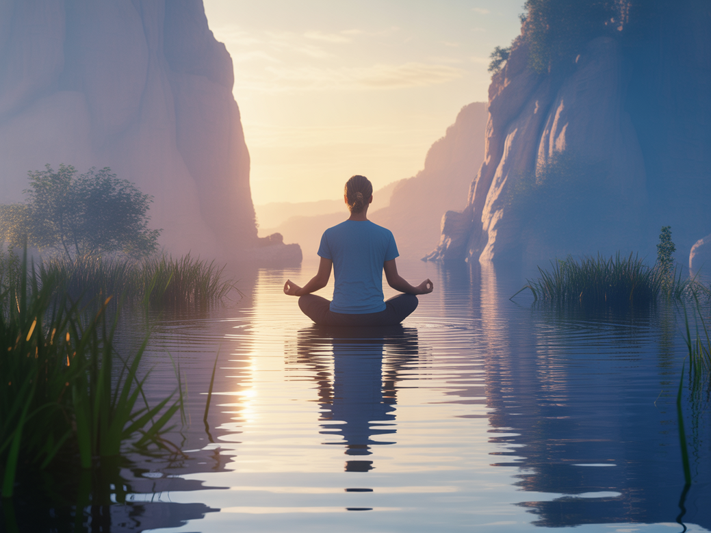 Mulher praticando meditação e mindfulness em um ambiente sereno, representando a elevação da consciência em 2026.